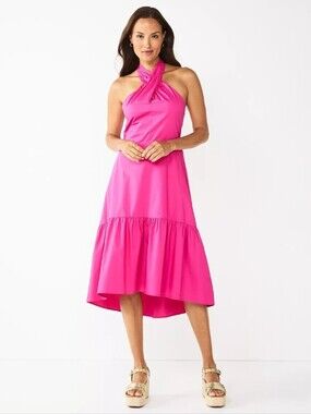 NWT Nine West Hot Pink Tiered Halter Dress